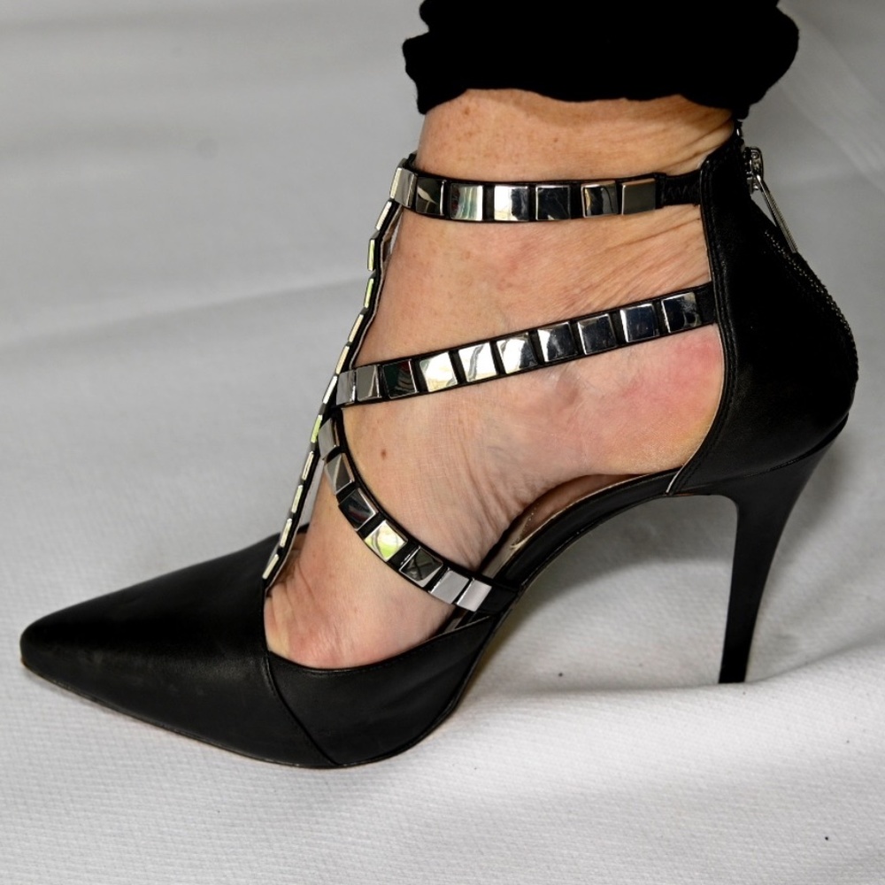 Michael Kors Black Leather & Silver Strappy Heels